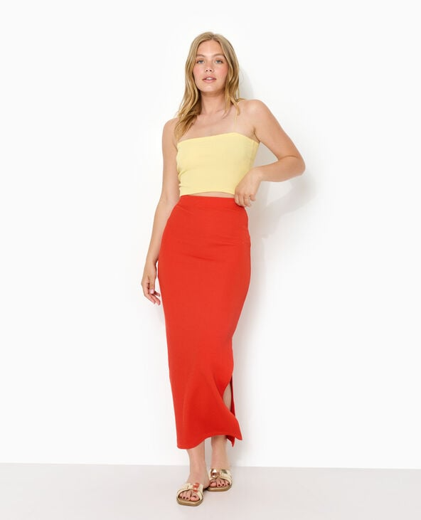 Beige Ribbed Knit Maxi Tube Skirt Red
