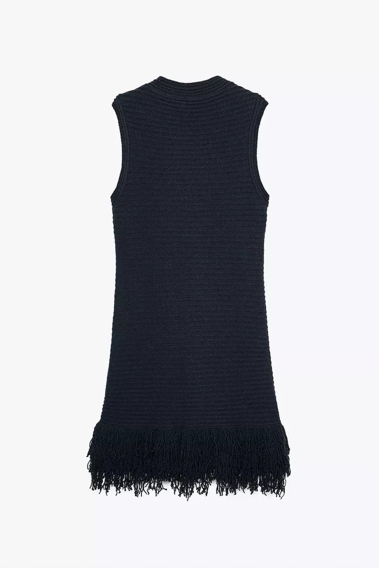 Check Knit Fringed Dress
