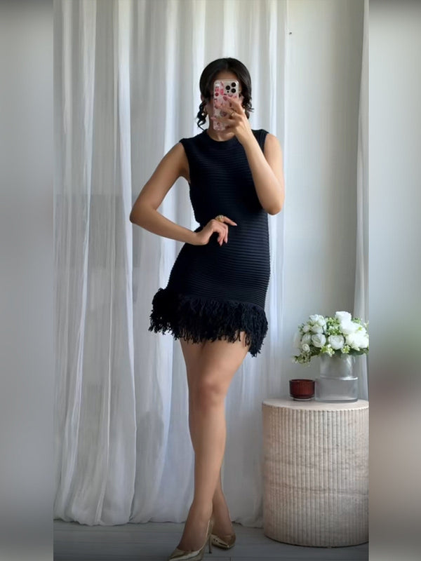 Check Knit Fringed Dress