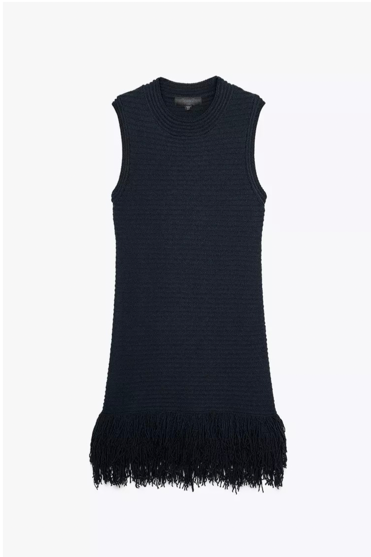 Check Knit Fringed Dress